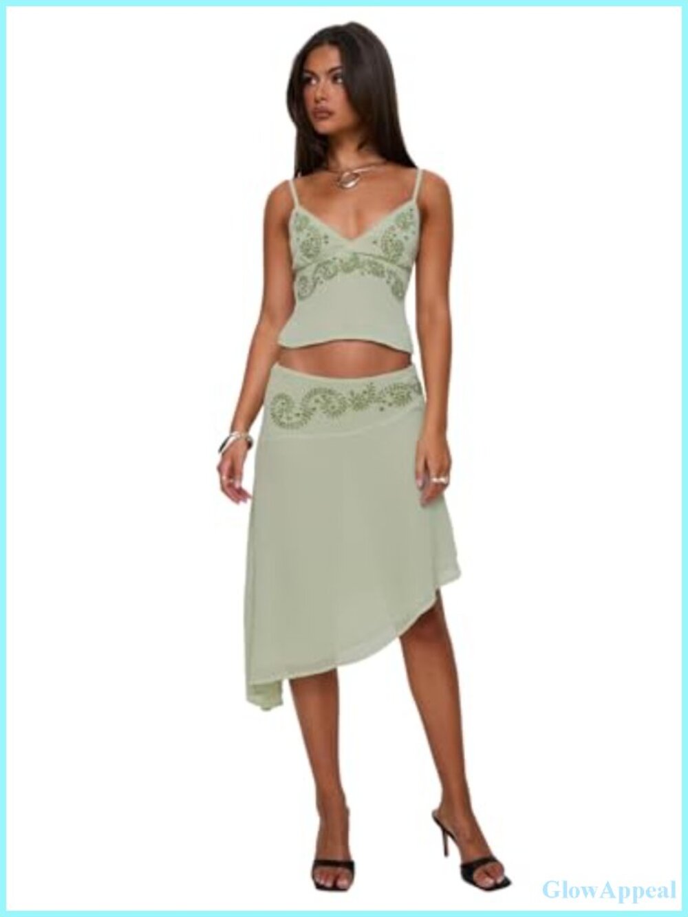 Asymmetrical Midi Skirt Embroidered Sheer Lined Zip